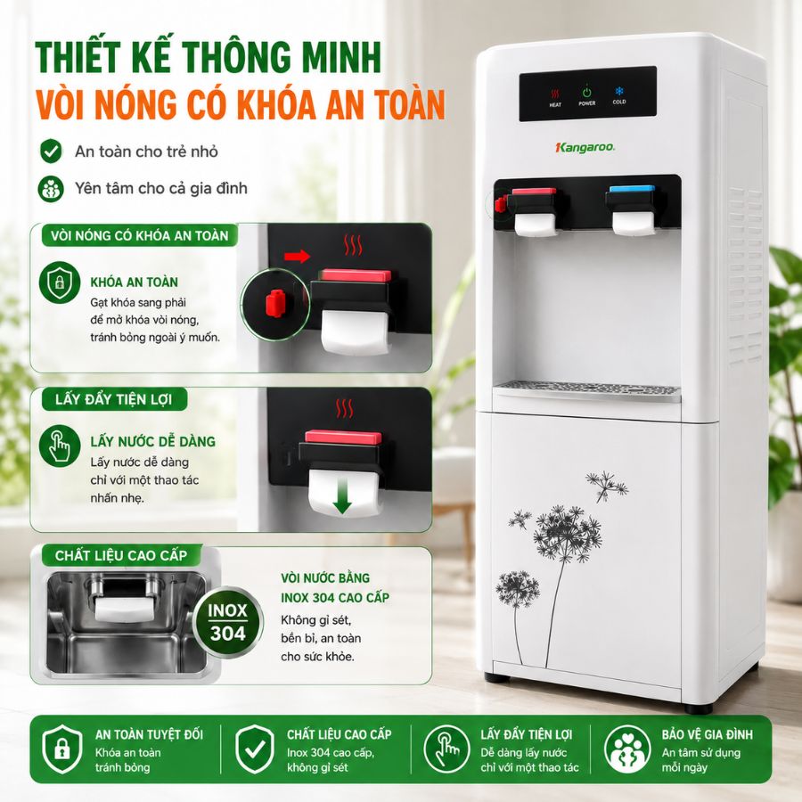 Máy làm nóng lạnh nước uống Kangaroo KG36H - Thiết kế thông minh - Vòi nóng có khóa an toàn