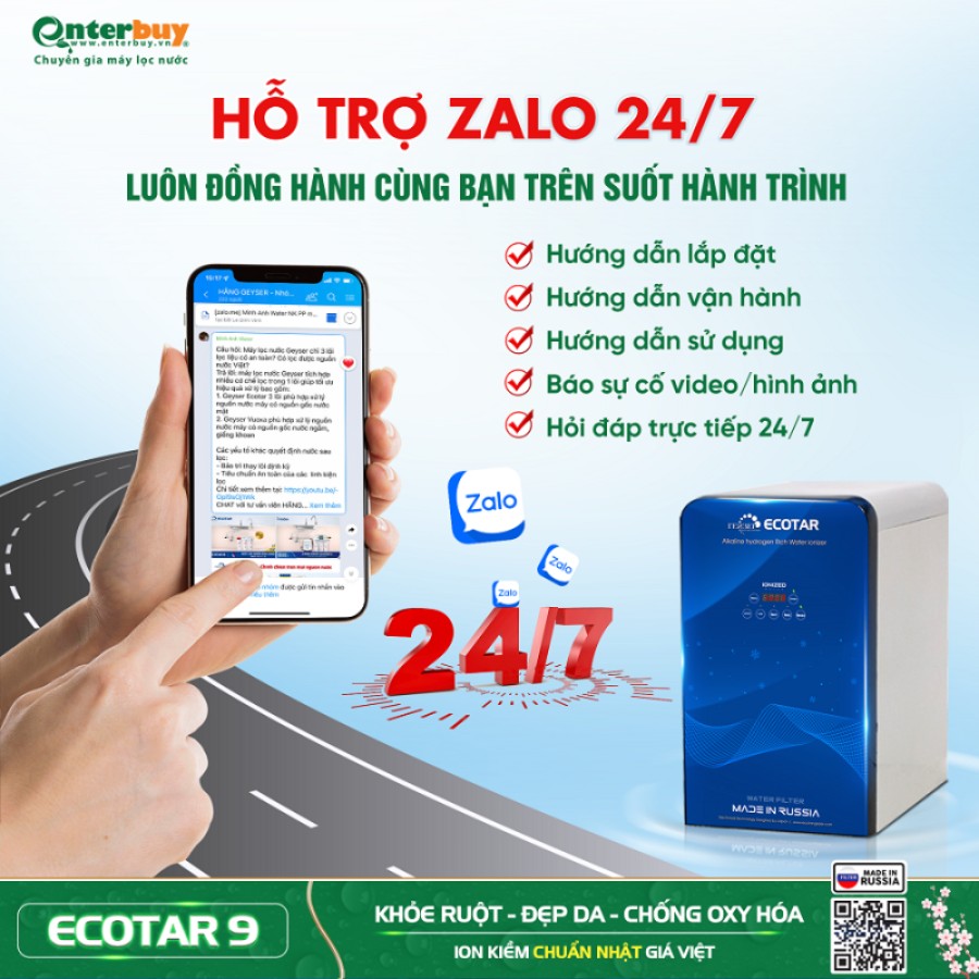 Khách hàng mua máy lọc nước ion kiềm Geyser Ecotar 9 được hãng Geyser hỗ trợ Zalo 24/7