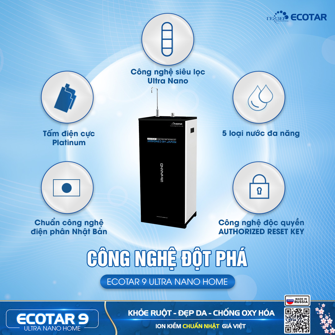 Nhiều công nghệ thông minh được tích hợp trong máy lọc nước ion kiềm Ecotar 9 Ultra Nano Home
