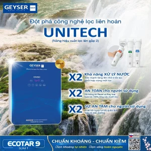 Công nghệ Unitech của Geyser Ecotar 9 Slim T giúp gia tăng khả năng xử lý nước nhờ kết hợp 3 lõi lọc