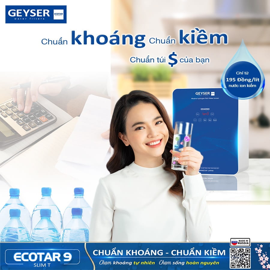 Chi phí sử dụng nước ion kiềm từ máy lọc nước Geyser Ecotar 9 Slim T