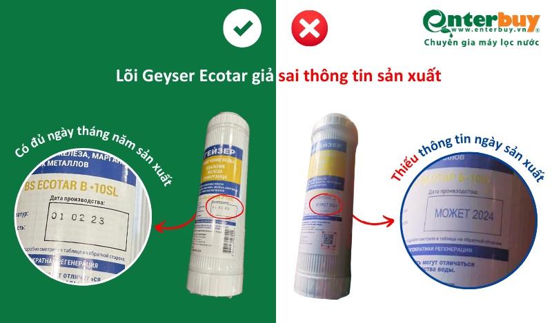 Lõi Geyser Ecotar giả thiếu thông tin ngày sản xuất