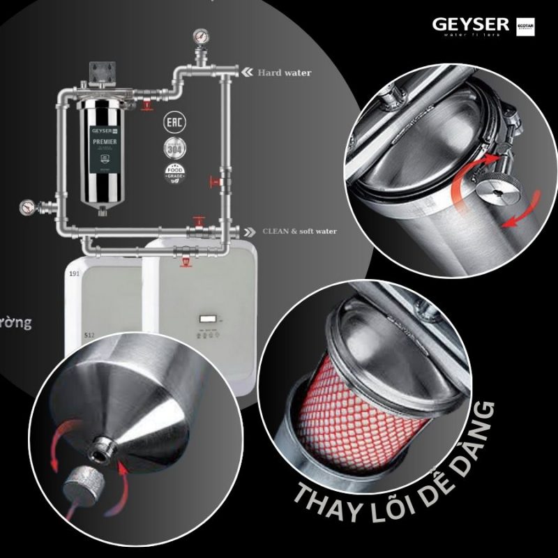 Lọc tổng đầu nguồn trên đường ống lắp âm trần cho căn hộ chung cư Geyser Ecotar 1F2Ss