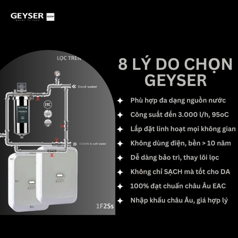 Lọc tổng đầu nguồn trên đường ống lắp âm trần cho căn hộ chung cư Geyser Ecotar 1F2Ss