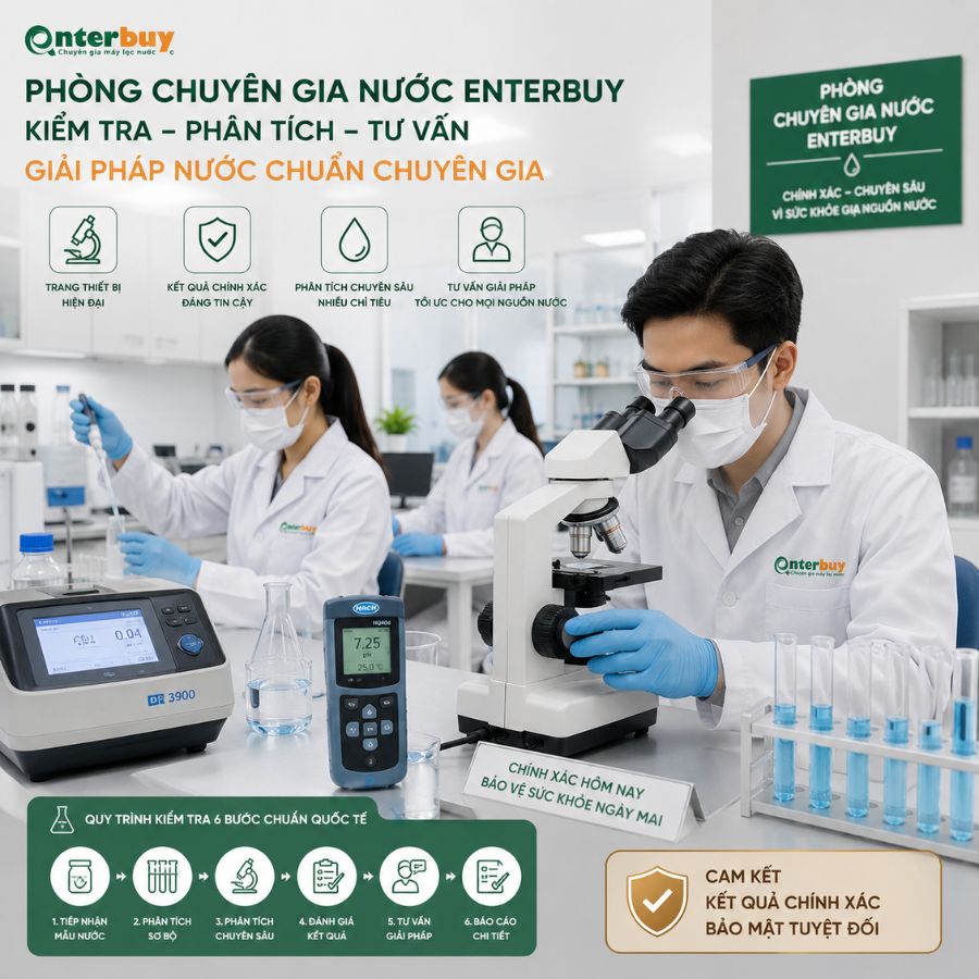 Đội ngũ chuyên gia tại Phòng Chuyên gia nước Enterbuy đang xét nghiệm mẫu nước bằng thiết bị hiện đại