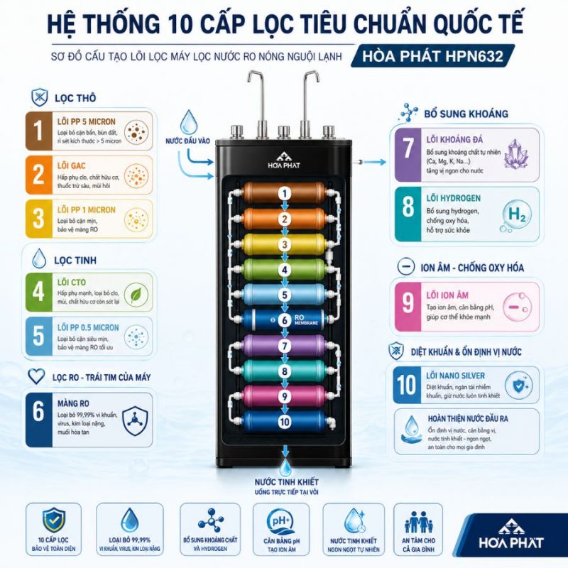 Máy lọc nước RO nóng nguội lạnh Hòa Phát HPN632 - 10 cấp lọc
