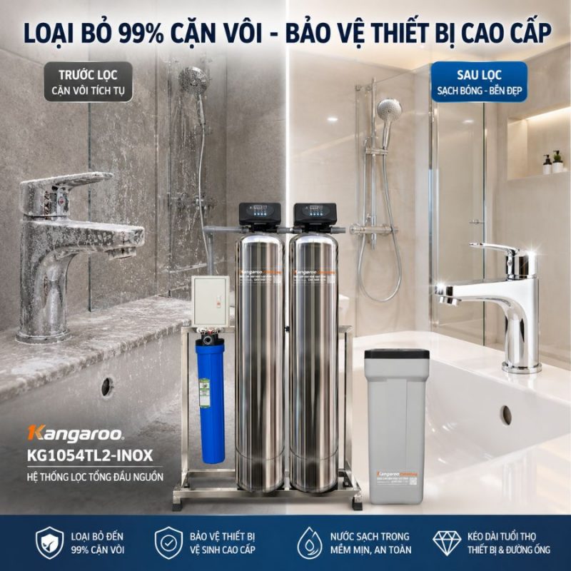 Bộ lọc tổng đầu nguồn gia đình KG1054TL2-INOX, Van tự động, Xử lý Canxi