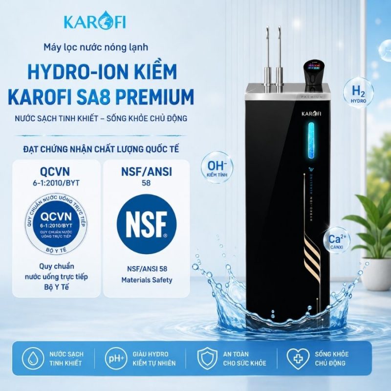 Máy lọc nước nóng lạnh Hydro-ion Kiềm Karofi SA8 chất lượng