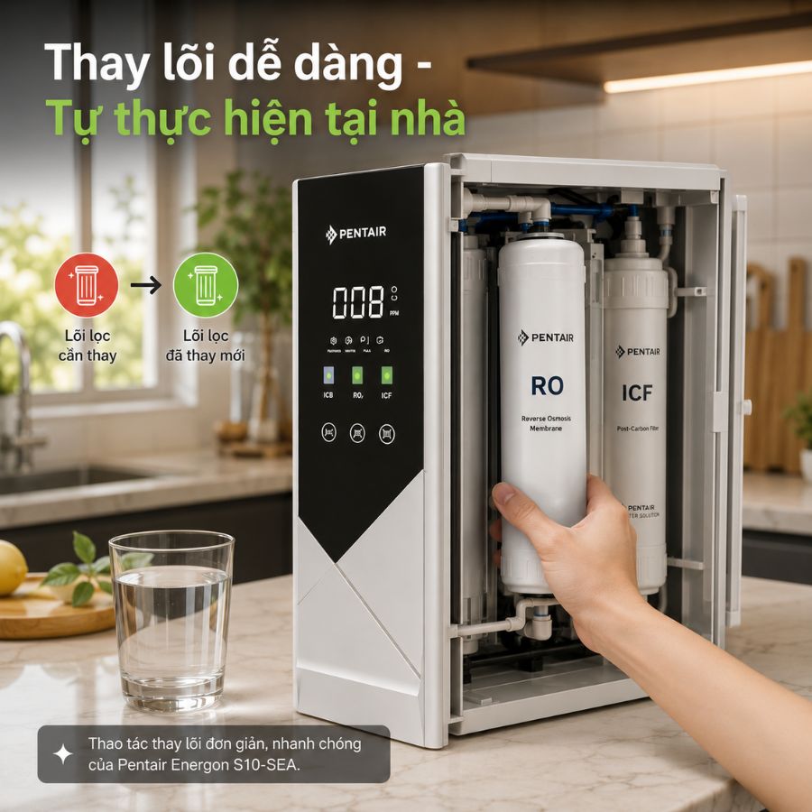 Thao tác thay lõi đơn giản, nhanh chóng của Pentair Energon S10-SEA.