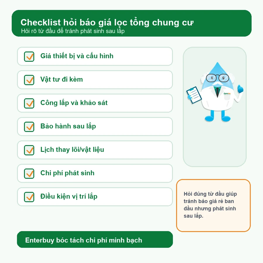 Checklist hỏi báo giá lắp lọc tổng chung cư trước khi mua