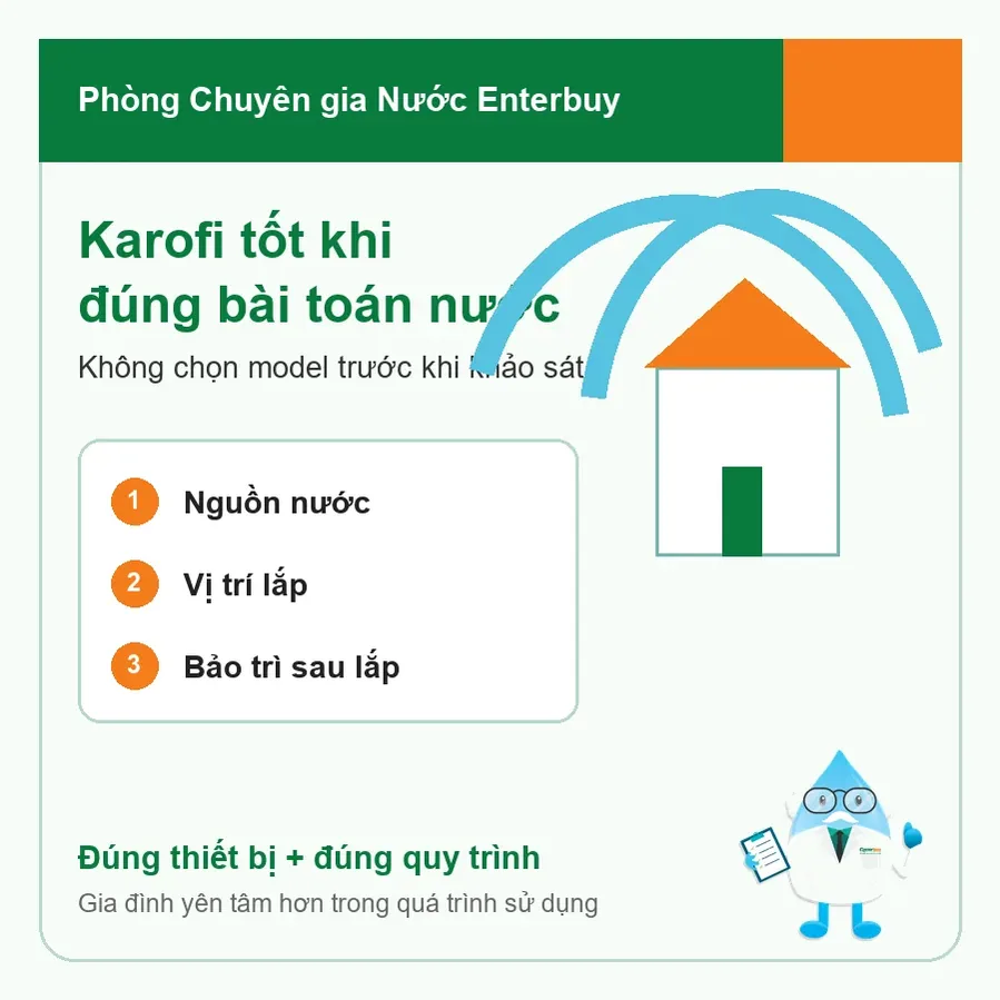 Minh họa chuyên gia nước Enterbuy về cách chọn lọc tổng Karofi theo dữ liệu nước và mặt bằng