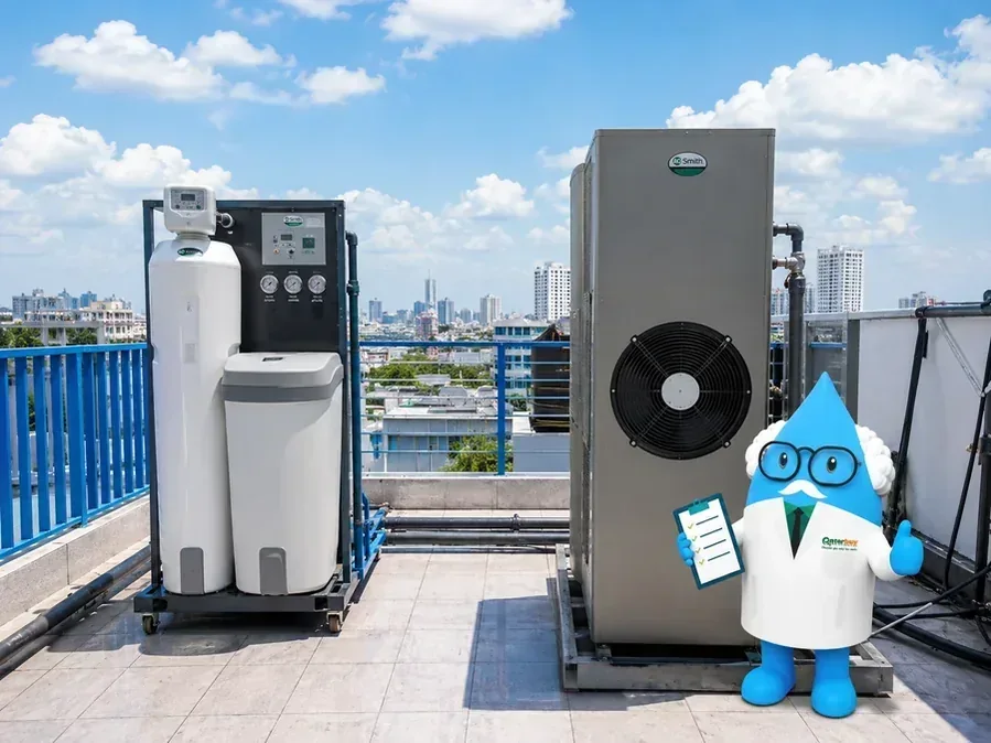 Hệ lọc tổng AO Smith thực tế với đường ống và phụ kiện lắp đặt