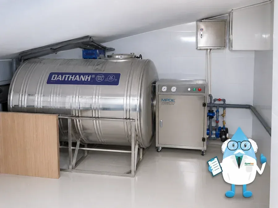 Lọc tổng Cleansui lắp thực tế trong không gian kỹ thuật sạch gọn