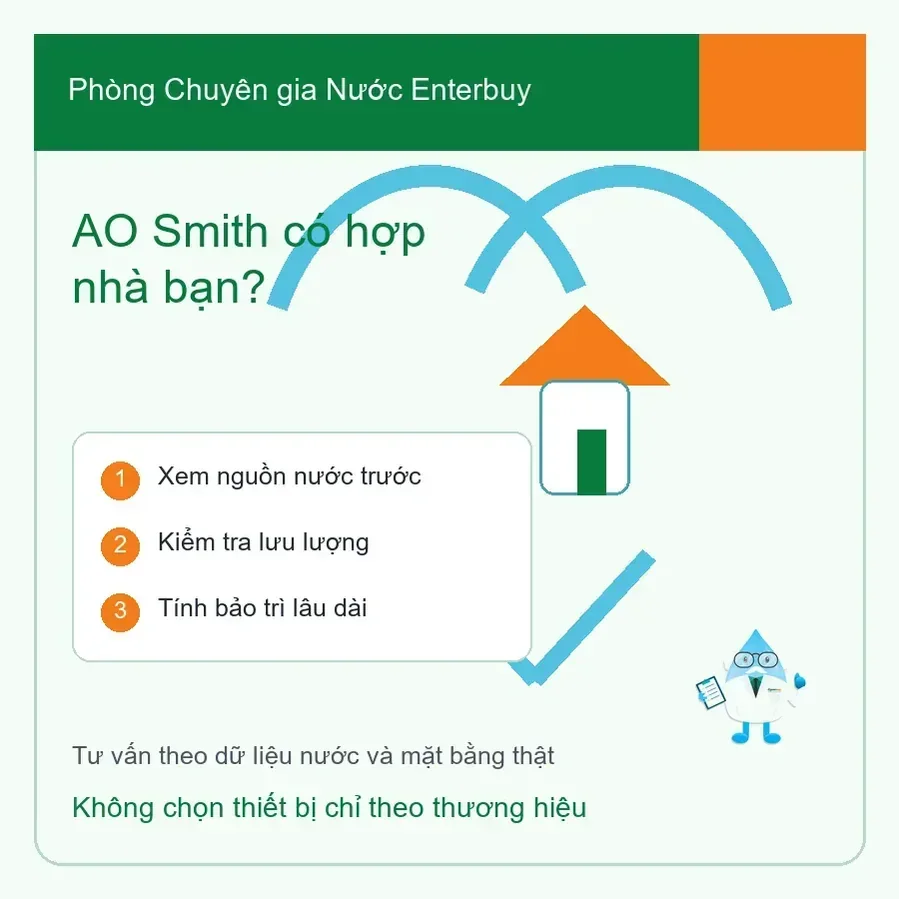 Minh họa chuyên gia nước Enterbuy kiểm tra nguồn nước trước khi chọn lọc tổng AO Smith