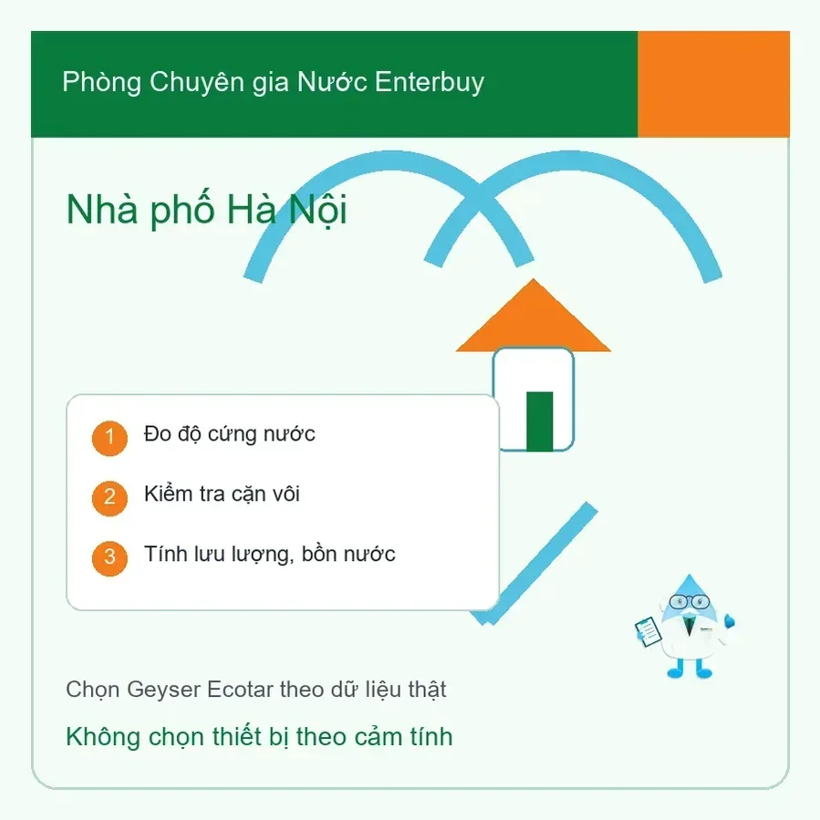 Minh họa chuyên gia nước Enterbuy tư vấn Geyser Ecotar cho nhà phố Hà Nội có nước cứng cặn vôi