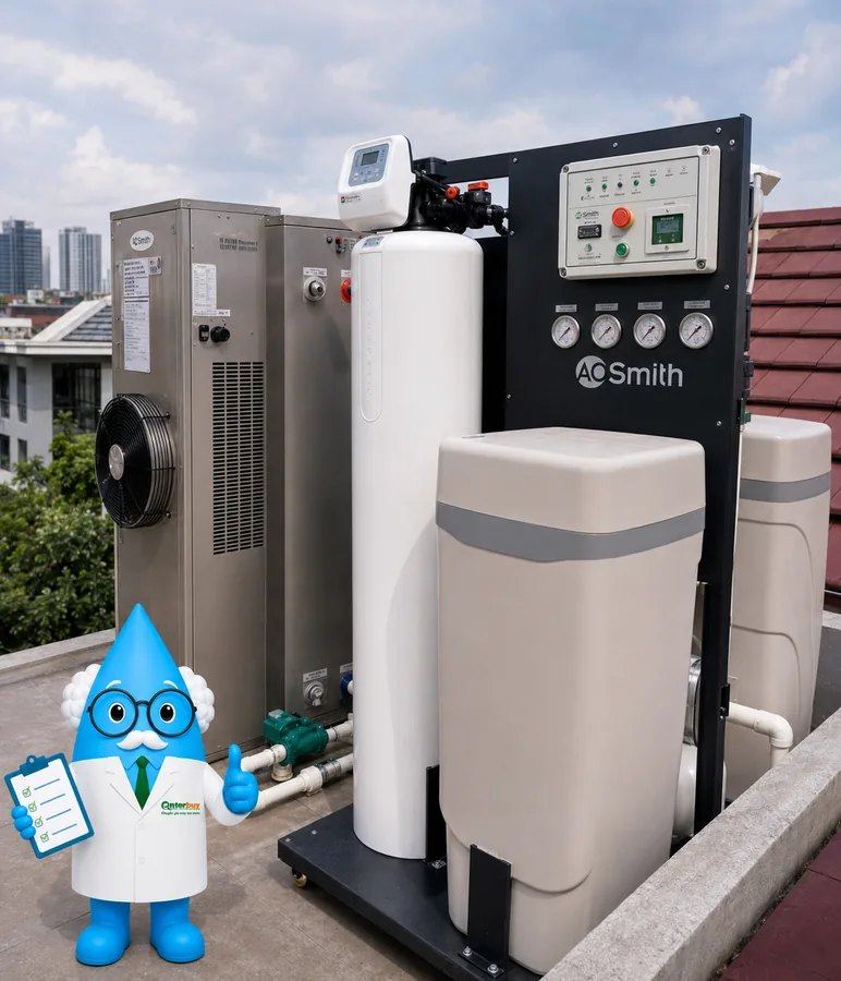 Bối cảnh bồn chứa/đường ống cho thấy gia đình bạn cần tính cả áp lực nước, lưu lượng và lối bảo trì sau này.