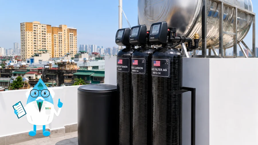Cụm van điều khiển và cột lọc tổng do Enterbuy thi công; số cột và van càng nhiều thì chi phí thiết bị và công lắp càng tăng.